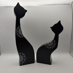 Set 2 Wood Carved Cat Silhouette Painted Adorable Pair of CATS Statue 14" 11"
